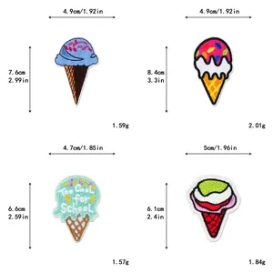 Größentabelle für vier Cartoon-Eis-Stickflicken mit genauen Abmessungen und Gewicht