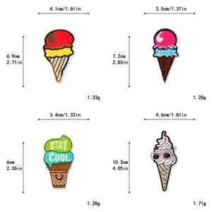 Größentabelle für 4 Cartoon-Eis-Stickpatches mit präzisen Abmessungen und Gewichtsangaben