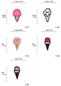 Detaillierte Größen- und Gewichtsangaben für verschiedene Comic-Eiscreme-Aufnäher