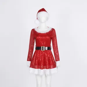 Damen Sexy Rot Pailletten Weihnachten Kleid Kostüm Mit Hut Und Gürtel Kunstfell Besatz Xmas Party Cosplay Festlich Outfit