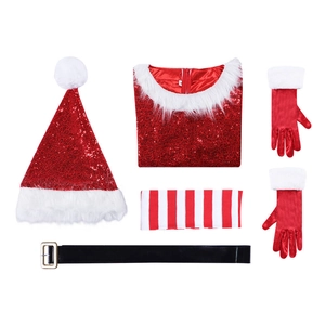 Schlankes Weihnachts-Cosplay-Kleid-Set mit roten Pailletten und schwarzem Gürtel