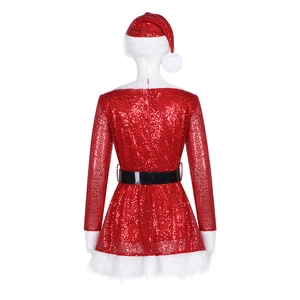 Eng anliegendes Weihnachts-Paillettenkleid mit Pelzbesatz und Gürtel, Rückansicht