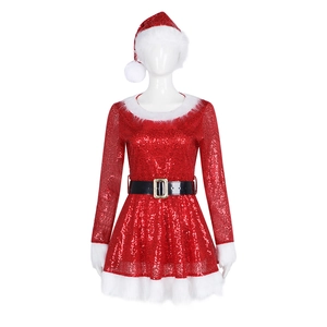Schlankes rotes Weihnachtskleid mit Pailletten, weißem Pelzbesatz, Gürtel und passender Mütze
