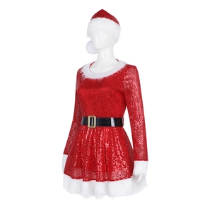 Eng anliegendes rotes Pailletten-Weihnachtskleid mit weißem Kunstpelz und Gürtel
