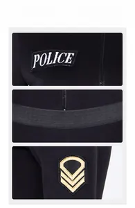 Details des schwarzen Polizei-Cosplay-Bodysuits mit Stickereien und goldener Ärmelstickerei