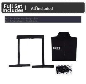 Dreiteiliges Polizei-Cosplay-Set mit Reißverschluss-Body, Beinschlaufen und schwarzen Strümpfen