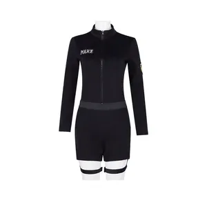 Polizei Cosplay Kostüm für Damen Schwarz Langarm Body mit Gürtel und Beinschlaufen Taktischer Jumpsuit für Halloween Party