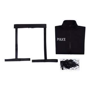 Polizei-Cosplay-Body-Set mit POLICE-Aufdruck, Oberschenkelriemen und schwarzen Netzstrümpfen