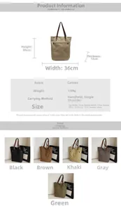 Tabla de tallas detallada para bolso tote de lona grande con medidas de 36x39x12cm y datos