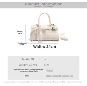 Dimensions détaillées du sac seau blanc à motif crocodile avec nœud en dentelle et perles