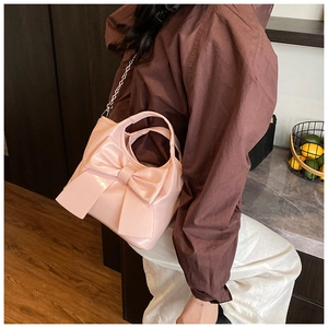 Detail der rosa Schleifenhandtasche mit silberner Kette, getragen von einem Model