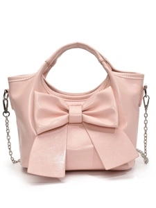 Rosa Eimer-Tasche aus Kunstleder mit großer Schleife und silberner Metallkette
