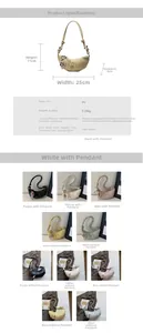 Detailed size specifications and color variants for the pleated crescent shoulder bag