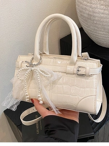 Sac seau élégant blanc crème à motif crocodile avec nœud en dentelle et perles