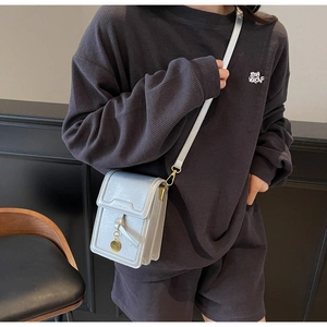 Detail of silver crossbody phone bag with knot decor and golden circular charm