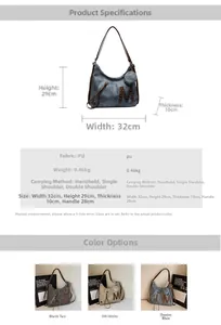 Detailed size specifications and material info for the vintage rivet tote with mini pouch