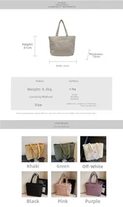 Detailed dimensions and 6 color options for the large quilted canvas tote bag for women