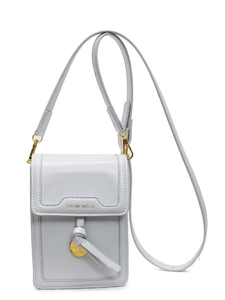 Blue crossbody cell phone bag with decorative leather knot and gold metal hardware logo