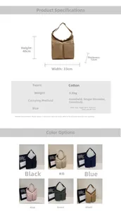 Detailed size chart and multi-color options for the large canvas shoulder tote bag