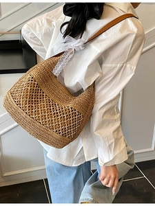 Summer straw tote bag with lace bow and leather strap for beach vacation shoulder wear