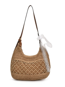 Summer straw shoulder bag with hollow design, brown leather straps, and lace ribbon detail