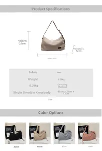 Detailed size chart and four color options for large canvas shoulder pillow bag