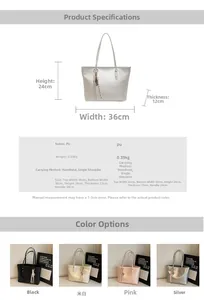Detailed size chart and multi-color comparison of the PU leather tote bag with dimensions