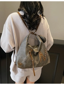 Retro dark grey large capacity tote bag with brown M letter, rivets and coin purse