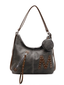 Grey canvas tote bag with leather M logo and detachable round coin purse on white background