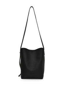 Minimalist black lychee texture leather bucket bag with shoulder strap and brand logo