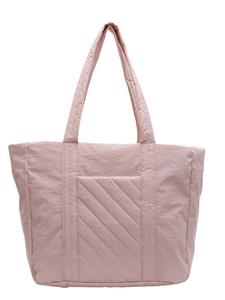 Pink quilted canvas tote bag with front pocket and wide shoulder strap for casual wear