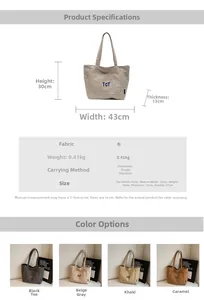 Detail view of TCT embroidered tote bag showing dimensions and four available colors
