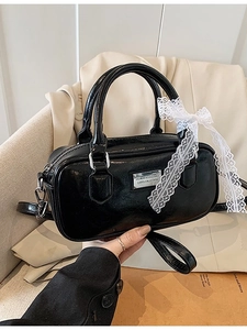 Women Patent Leather Bowling Bag Sweet Lace Bow Decor Small Crossbody Bag Fashion PU Leather Handbag With Heart Pendant