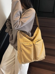 Lightweight khaki nylon hobo bag with large capacity and double front zip pockets