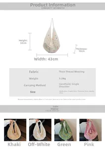 Detailed view of woven tote bag with colorful beads and size chart dimensions