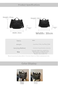 Size chart showing large and small black nylon tote bags with dimensions and weight