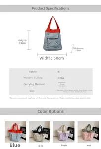 Detailed size chart for the casual canvas tote bag with specific dimensions and fabric specs