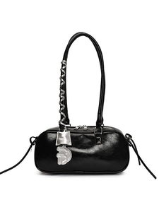 Chic black glossy baguette shoulder bag with silver metal spiral and butterfly charms
