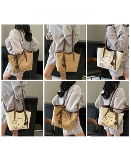 Tote bag collage showing various angles and lifestyle views of the cartoon cat print