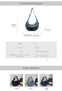 Detailed dimension chart for casual denim crescent crossbody bag with 42cm width