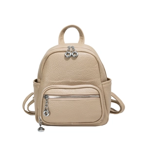 Vintage beige litchi grain soft leather backpack with stylish double ring chain zipper