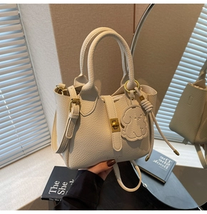 Close-up of beige lychee leather bucket bag with gold twist lock and dog charm