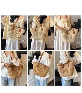 Detailed close-up of straw woven tote bag showing white and brown textures for beach vacation