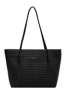 Borsa tote nera minimalista in ecopelle intrecciata con grande capacità e manici sottili