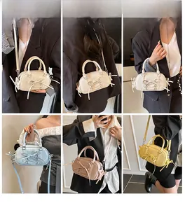 Collage of fashion bow-tie bowling bags in various colors on models for crossbody and hand carry