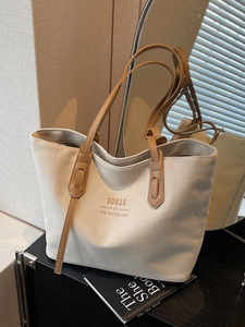 Women Large Capacity Canvas Tote Bag Minimalist Letter Print Shoulder Bag Simple Casual Commuter Handbag For Ladies
