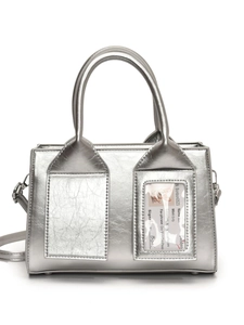 Metallic silver bucket bag with double handles and card slot design in a liquid finish