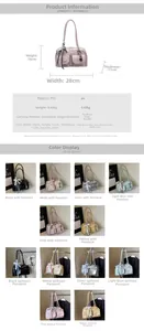 Size chart showing dimensions for a 28cm PU leather Boston shoulder bag with six color options