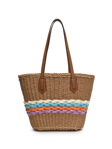 Grand sac fourre-tout en paille tissée avec rayures colorées et anses en cuir pour la plage