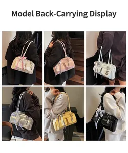 Detailed views of various color options for the glossy leather shoulder bag with bows